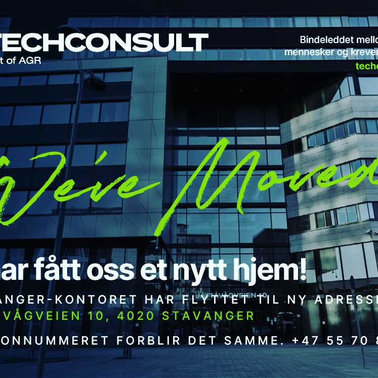 📦 Vi har flyttet – men vi er fortsatt like tilgjengelige!
Stavanger-teamet vårt har fått ny adresse, og vi er glade for å nå sitte under samme tak som kollegaene våre i AGR Consultancy. 🤝
📍 Ny adresse blir Jüttüvügveien 10, 4020 Stavanger, samme telefonnummer +47 557 08 000.
☕️ Ta gjerne kontakt med oss for en kaffe og en prat langs bryggekanten i Hinna Park.
Sammen med #AGRConsultancy opererer vi nå fra fem kontorer over hele Norge – klare til å støtte både kunder og konsulenter der de er.
#Techconsult #technicalstaffing #recruitment